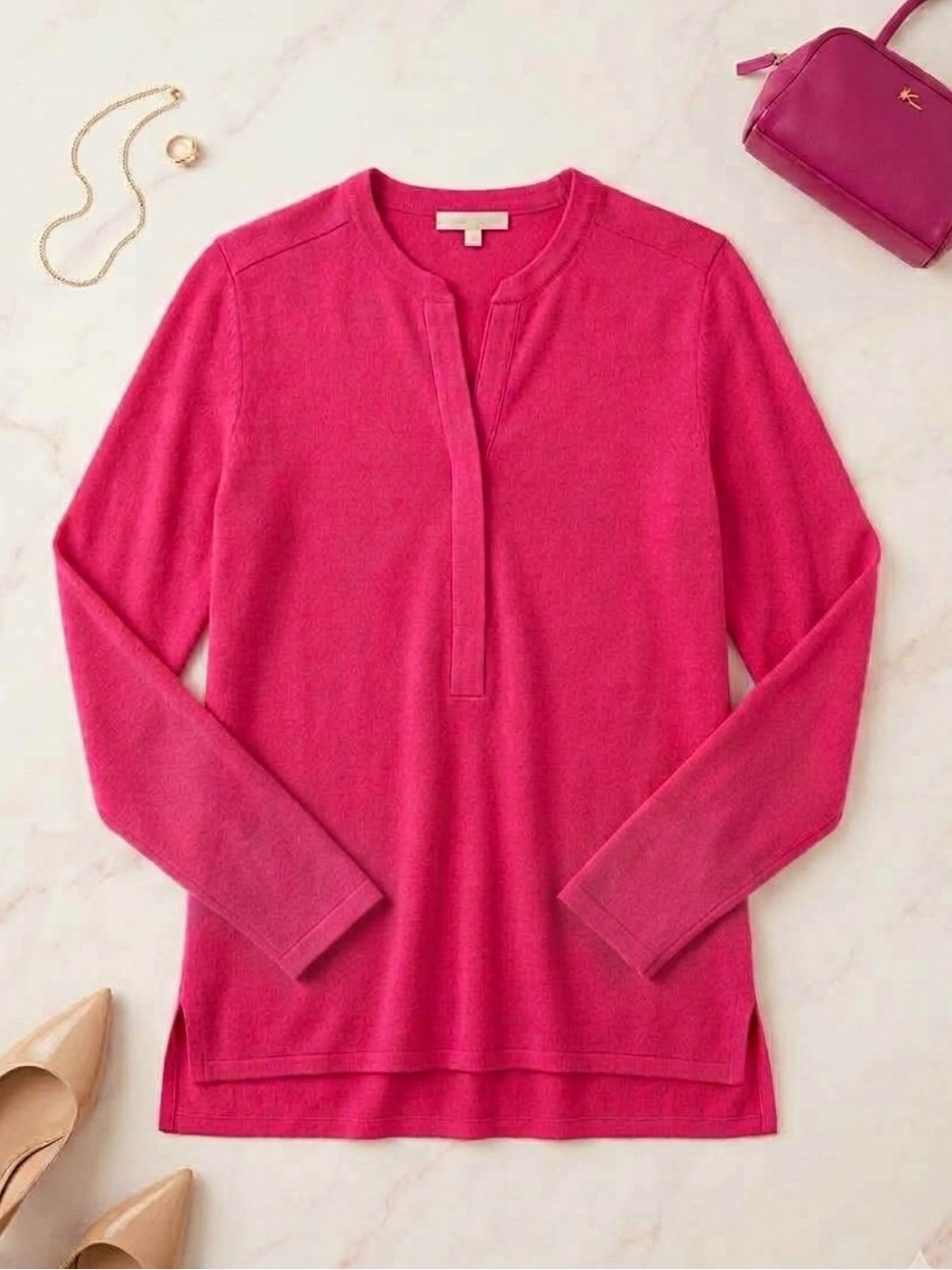 Kinross Cashmere Split Neck Popover Tunic Zipper Sweater Hot Pink M Quiet Luxury